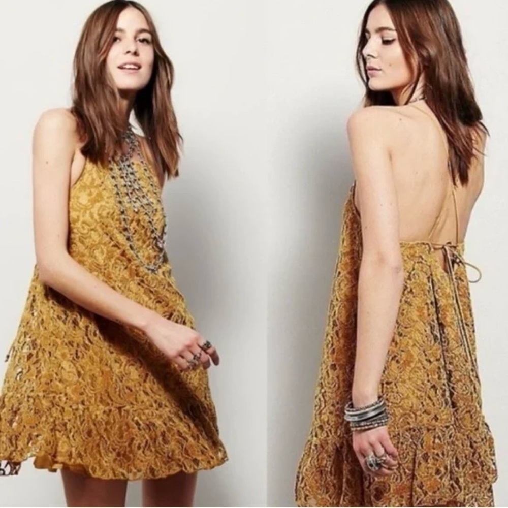 🌼Free People🌼 Fairy Lights Lace Tent Dress Womens Gold Velvet Strappy Mini Sz XS